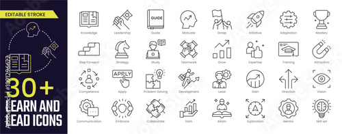 Learn and Lead Stroke icon collections. Containing knowledge, Leadership, Guide, Lead, Motivate, Initiative, Mastery and Grow icons. Editable Stroke icon collection Outline icon