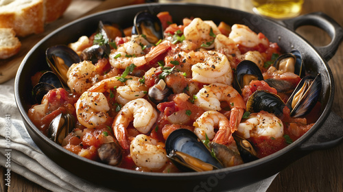 Hearty cioppino seafood stew with shrimp, mussels, tomato sauce, and herbs in a black pot photo