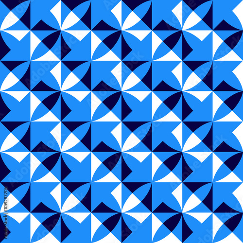 Seamless pattern with geometric motifs in three colors, blue tones