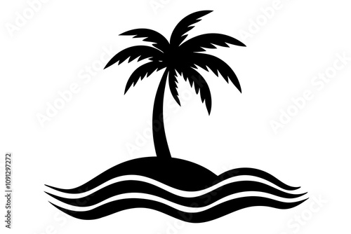 Island Silhouette - Tropical Island with Palm Tree and Waves Vector Design