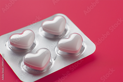 Heart shaped pills blister in foil, love drugs packaging set on red background as a symbol of love, health, and medicine. Perfect for themes of healthcare, romance, and pharmaceutical design.