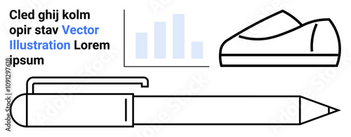 Pen, abstract chart with four bars, pen cap, and sample text. Ideal for business presentations, educational resources, office supplies, stationery, minimalistic design, infographics. Landing page