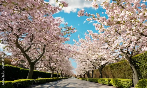 Sakura, Cherry blossoms flower, Garden walk way with beautiful pink sukura full blooming branch tree background with sunny day in spring season photo