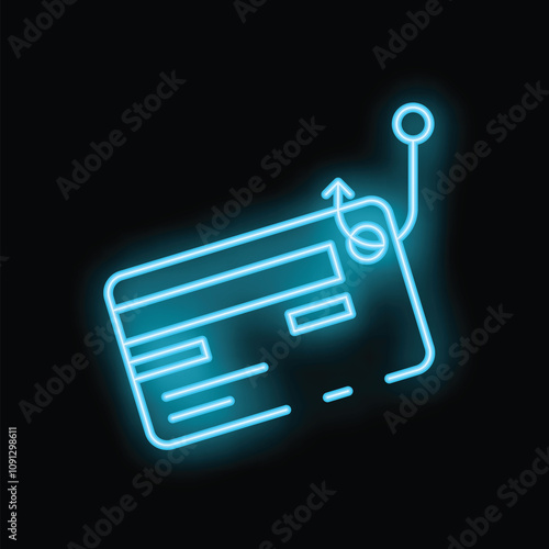 Neon blue icon of a phishing scam attempt with a fishing hook pulling a credit card