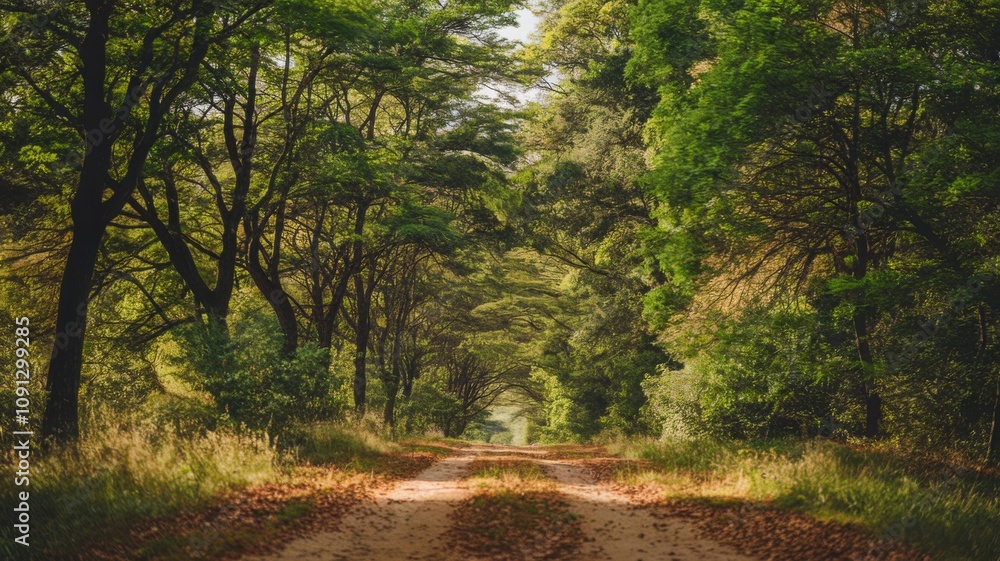 Obraz premium Serene forest path surrounded by lush green trees under soft sunlight.