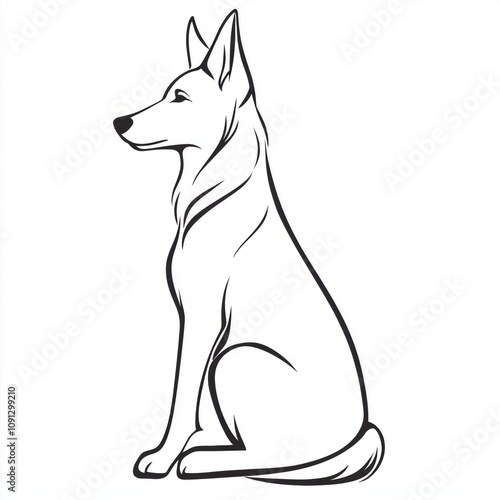 Elegant black-and-white line art of a sitting German Shepherd dog with a minimalist design.