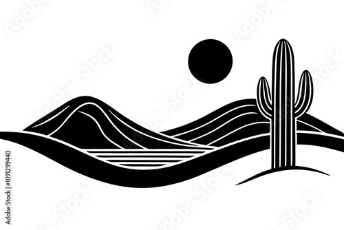 Desert Silhouette - Sand Dunes with Cactus and Setting Sun Vector Design