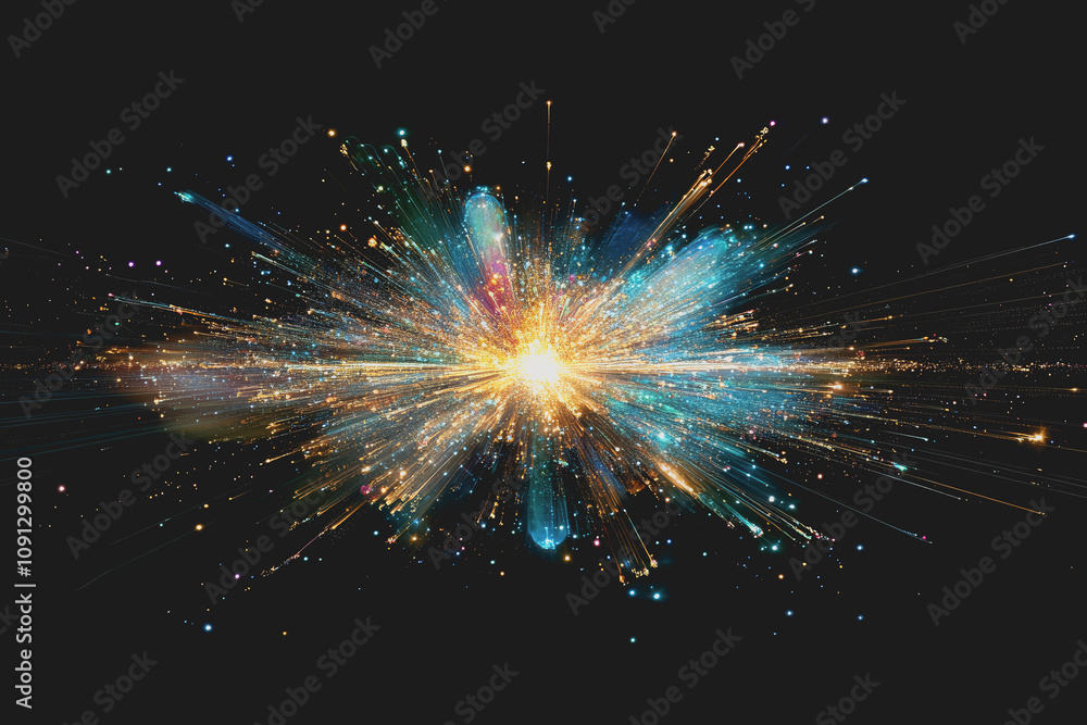 Fototapeta premium Stunning Abstract Space Composition Featuring a Blue Starburst with Vibrant Light Rays and Colorful Frequency Patterns for Artistic Backgrounds and Digital Designs