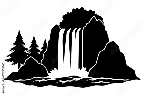 Waterfall Silhouette - Cascading Water with Rocks and Trees Vector Design