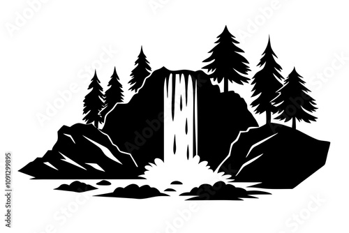 Waterfall Silhouette - Cascading Water with Rocks and Trees Vector Design