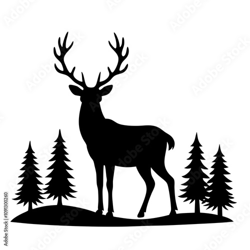 Wildlife Silhouette - Majestic Deer in Forest Clearing Vector Design