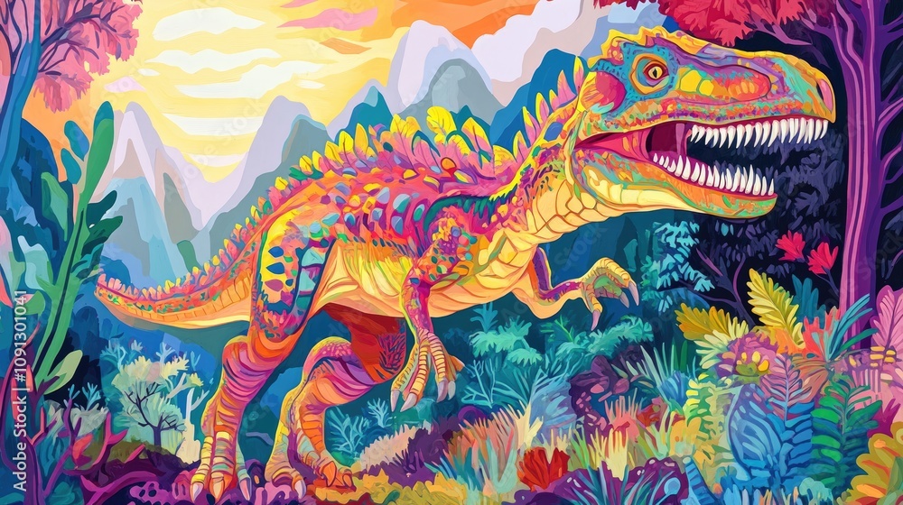 Fototapeta premium Vibrant Allosaurus in a Colorful Imaginative Landscape Surrounded by Lush Flora and Majestic Mountains Enhancing Its Prehistoric Charm and Dynamic Presence