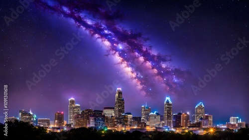Austin skyline in silhouette with a milky way galaxy glowing in vibrant purples and blues, Ai Generated