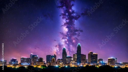 Austin skyline in silhouette with a milky way galaxy glowing in vibrant purples and blues, Ai Generated