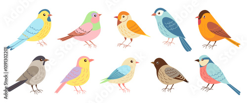 A set of colorful birds in various shades of blue, green, yellow, and red. The birds are arranged in a row, with some standing closer to the left side of the image and others on the right