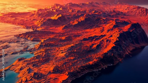 Heatmap of a coastal region, with intense reds and oranges marking the most populated areas and cooler tones in the less frequented spots. . Video