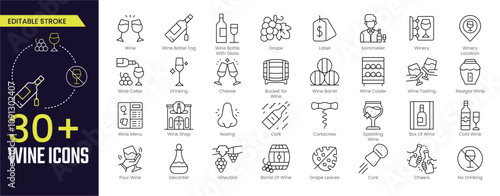 Wine Stroke icon collections. Containing Wine, Wine Cooler, Wine Bottle Tag, Grape, Label, Winery, Tasting, and Wine Barrel icons. Editable Stroke icon collection Outline icon