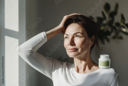 Mature woman with green cream container in sunlight.