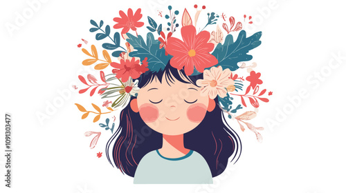 Mental Health Day Concept: Smiling Girl Embracing Flower, Kid Child Positive Emotions, Wellness Youth Joyful Expression