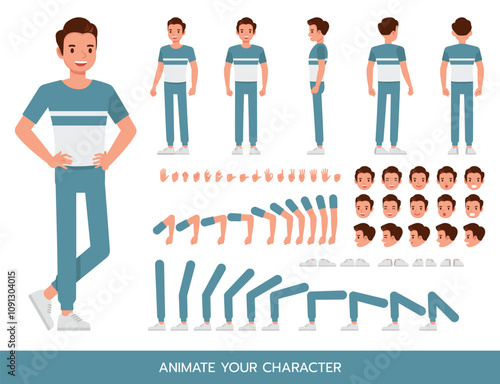 Man wear blue and white t-shirt character vector illustration design. Create your own pose.