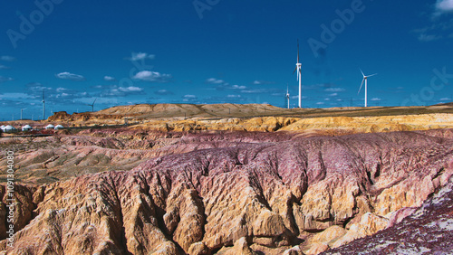 xinjiang wind erosion landform landscape of crayon in sunset, world ghost town of karamay, Ghost city in Urho, Xinjiang. photo