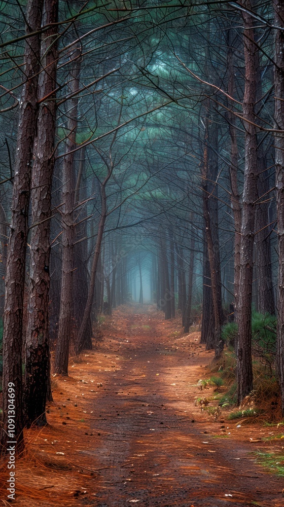 Obraz premium Misty forest path through tall pine trees.
