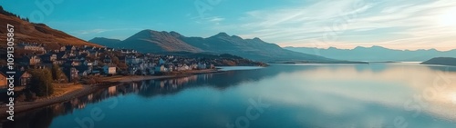 Serene Coastal Town by a Tranquil Lake Surrounded by Majestic Mountains at Dawn, Capturing the Essence of Natural Beauty and Calm Waters