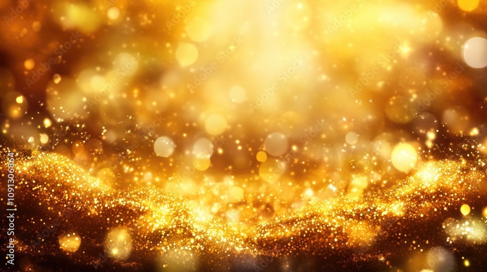 Naklejka premium Golden background filled with sparkling particles and festive glitters, creating a shimmering effect perfect for holiday celebrations.