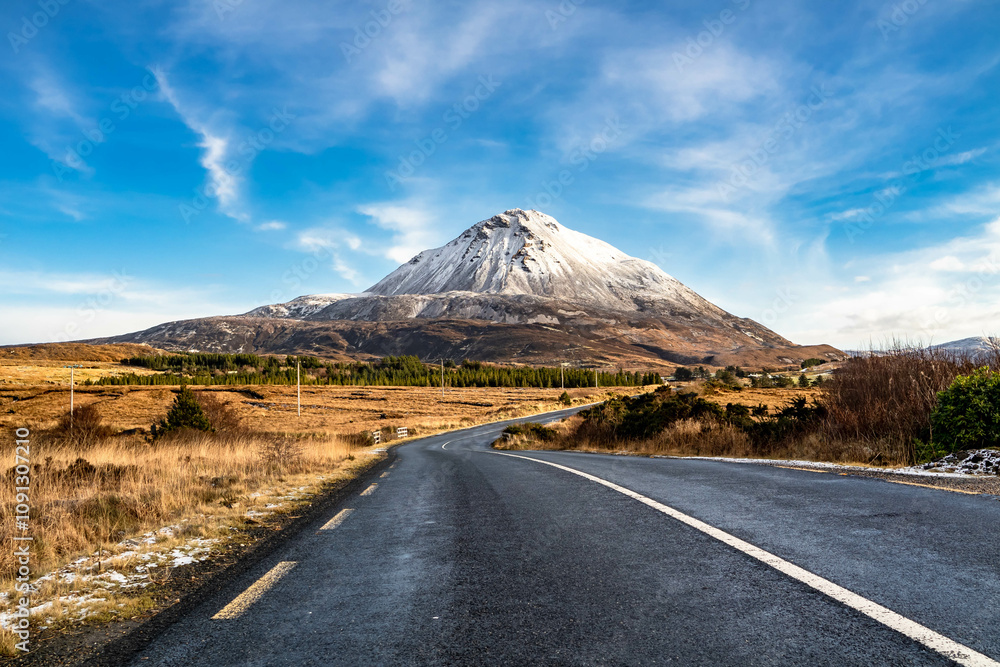 Aerial view of Mount Errigal in the winter, the highest mountain in Donegal - Ireland. Aerial view of Mount Errigal in the winter, the highest mountain in Donegal - Ireland.