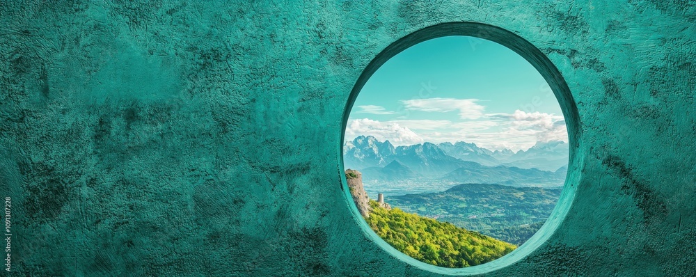 Fototapeta premium A circular window reveals a stunning view of mountains and valleys, framed by a textured teal wall, creating a peaceful and inviting ambiance.