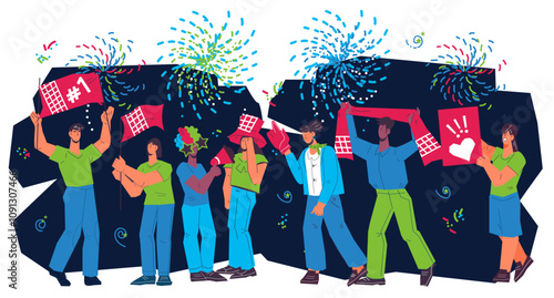 Celebration of victory and happiness concept with people. Unity, freedom, and shared happiness. Crowd of happy people, sport fans, team supporters and enthusiasts, flat vector isolated.