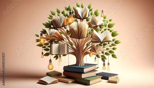 A 3d rendered tree with branches made of books and leaves of knowledge. Open books as branches, with their pages turning into leaves. Include hanging lightbulbs to symbolize ideas. 