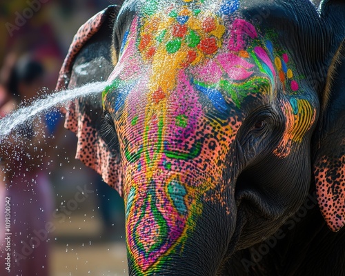 Splashes of water dance on the brightly painted skin of an elephant, shown in close-up, celebrating a vibrant cultural festival. photo