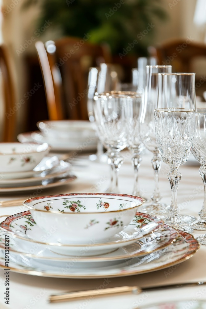 Fototapeta premium Elegant floral china, crystal glasses, formal table setting.