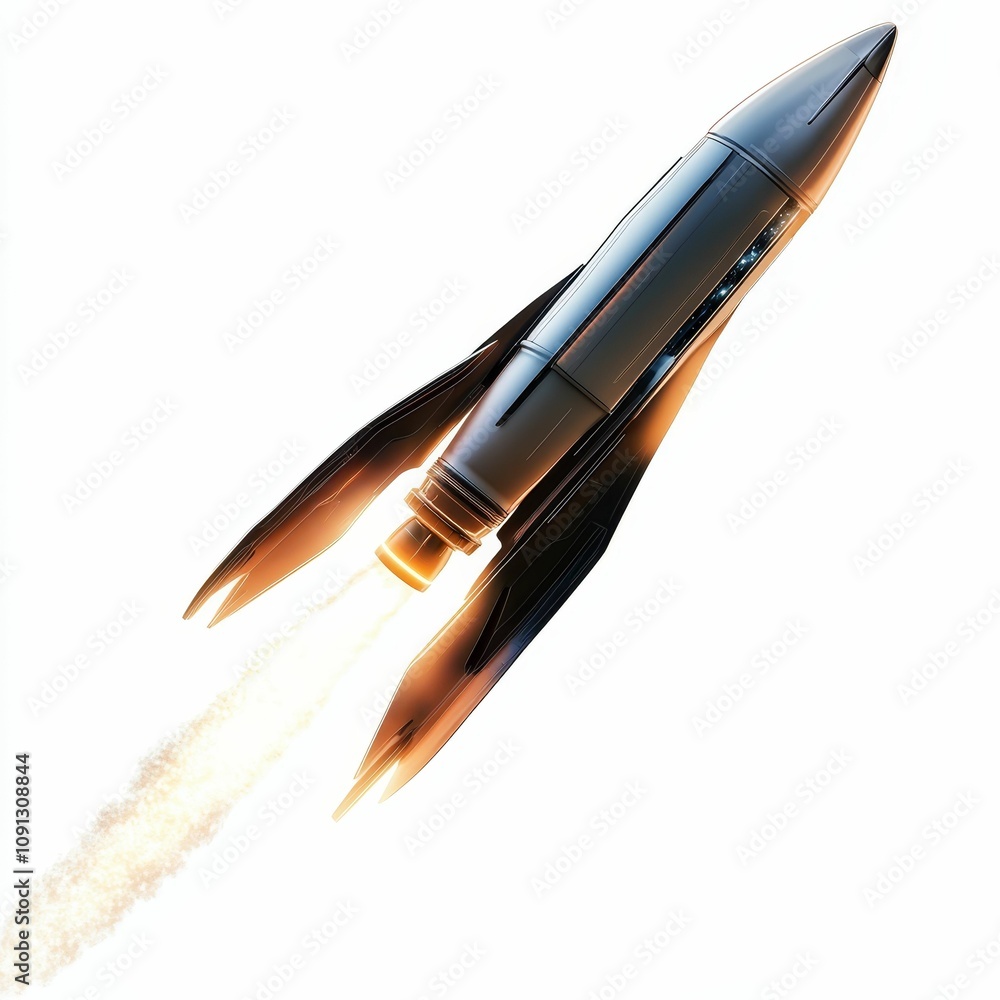 Sleek rocket launching, fiery trail, white background. Sleek rocket launching, fiery trail, white background.