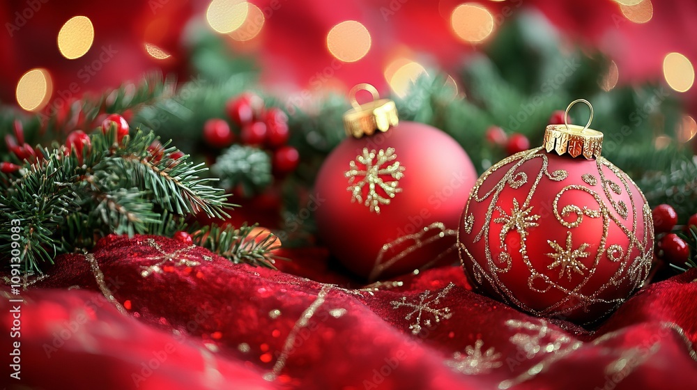 Christmas is here! Red decorations and fir tree branches create a festive atmosphere on a red background. Christmas is here! Red decorations and fir tree branches create a festive atmosphere on a red background.