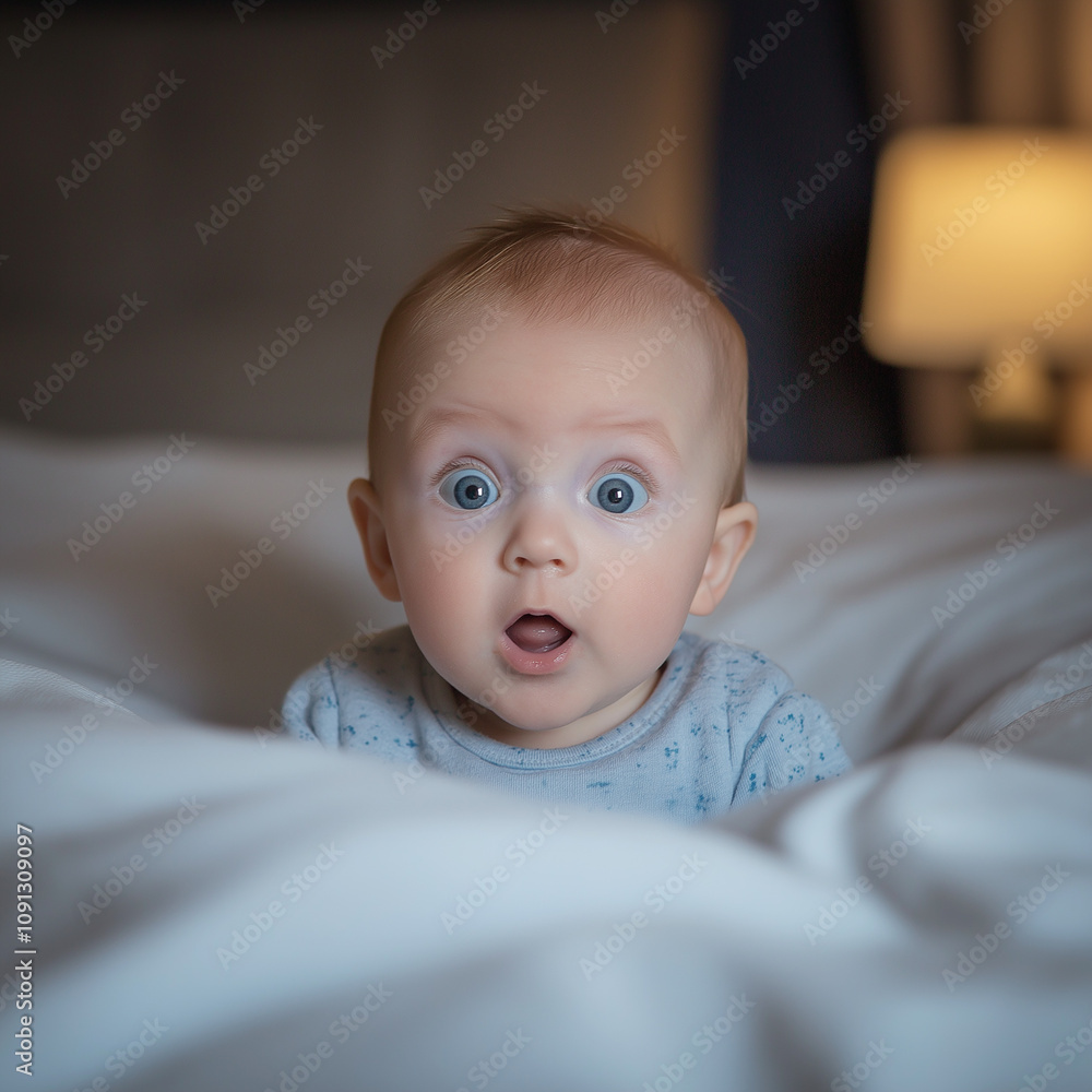 A surprised baby with wide eyes lying on a white bed. The expression captures innocence, curiosity, and wonder, perfect for themes of childhood or family. A surprised baby with wide eyes lying on a white bed. The expression captures innocence, curiosity, and wonder, perfect for themes of childhood or family.