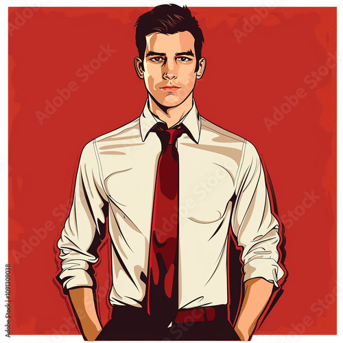 Confident Young Man in Red Tie on Bold Red Background