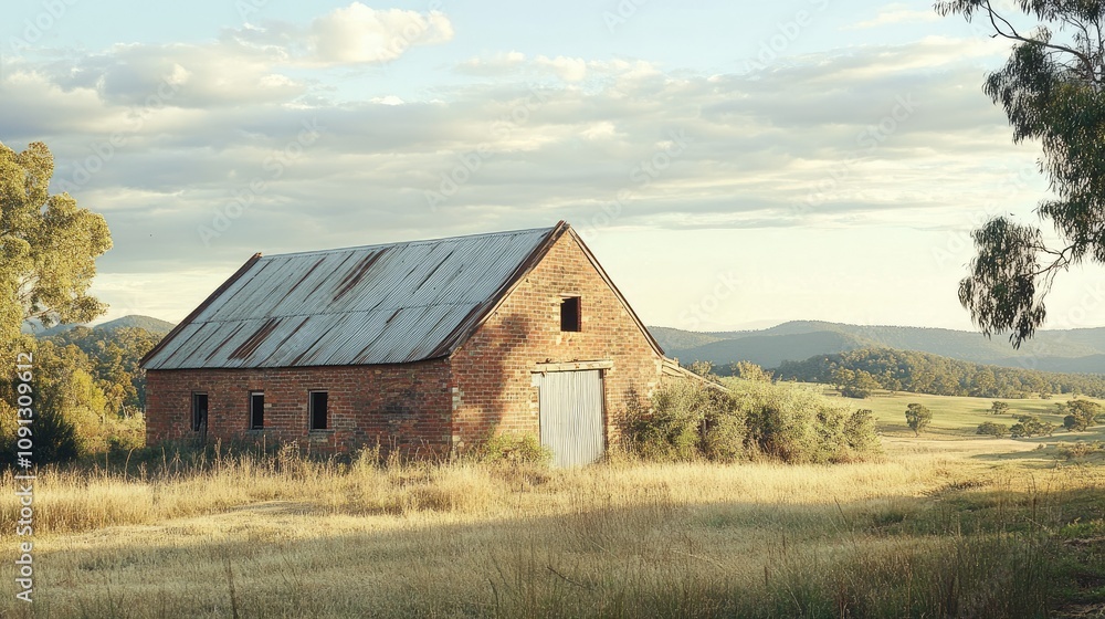 Fototapeta premium An old brick barn with a tin roof set against a scenic rural landscape.