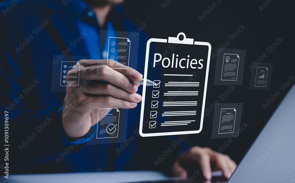 © Supatman - Policy documentation and compliance concept. A person reviews digital document labeled 'Policies' with icons, checklists, certifications, and financial detail. policy management, regulatory compliance