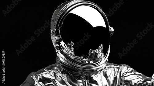 Astronaut clad in a shiny metallic space suit with a reflective visor, set against a stark black background, emphasizing the suit's sleek design and futuristic aesthetic. photo