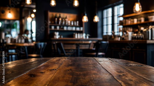 empty Wooden table top on blur modern coffe shop background, with dark wall 