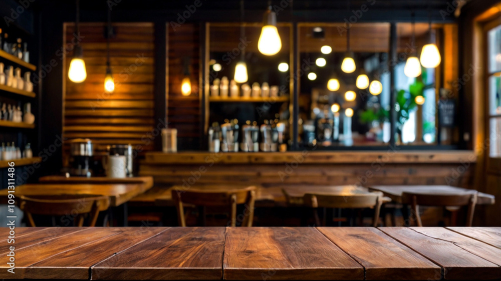 empty Wooden table top on blur modern coffe shop background, with wood wall empty Wooden table top on blur modern coffe shop background, with wood wall