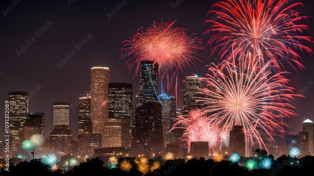 Obraz premium Houston skyline in silhouette with a colorful fireworks display celebrating a summer night, Ai Generated