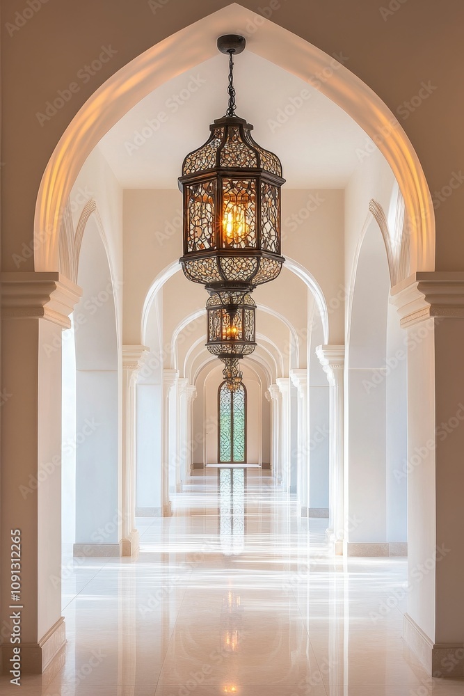 Naklejka premium Elegant hallway, arched doorways, ornate lantern.