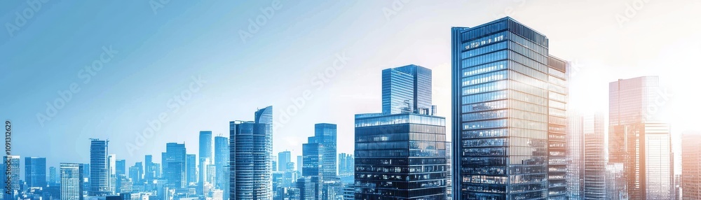 Fototapeta premium A skyline featuring modern skyscrapers bathed in soft sunlight, showcasing a blend of glass and steel architecture against a blue sky.