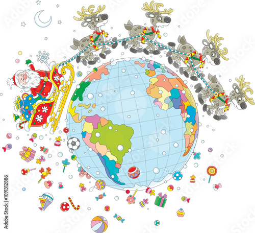 Santa Claus with holiday gifts traveling around the world in his magic sleigh with a team of flying reindeers on a snowy night before Christmas, vector cartoon illustration on white