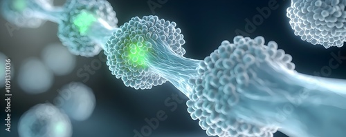 Microscopic View of Bone Fusion with Stem Cells - Intricate Detail in Bone Matrix with Glowing Blue and Green Cellular Energy Effects