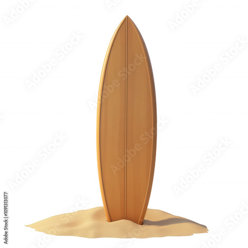 A wooden surfboard standing upright on sandy beach near the ocean waves. photo