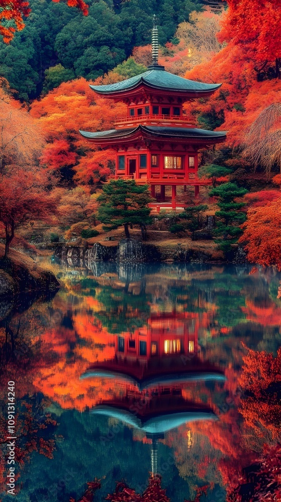 Obraz premium A picturesque night scene of the autumn leaves at Kiyomizudera National Park, with reflections on a tranquil pond and illuminated pagodas in red hues